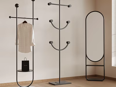 Three Modern Metal Clothes Racks With Hanging Shirt Multiple Hooks And Standing Mirror 3d model