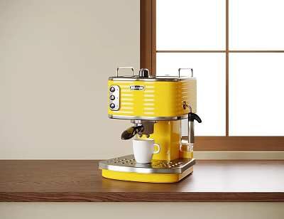 Stylish Yellow Modern Kitchen Coffee Machine On Wooden Countertop Near Window 3d model