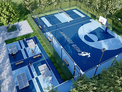 Outdoor Basketball Court Design With Blue Floor Surrounding Trees Fencing And Benches 3d model