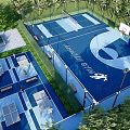 Outdoor Basketball Court Design With Blue Floor Surrounding Trees Fencing And Benches