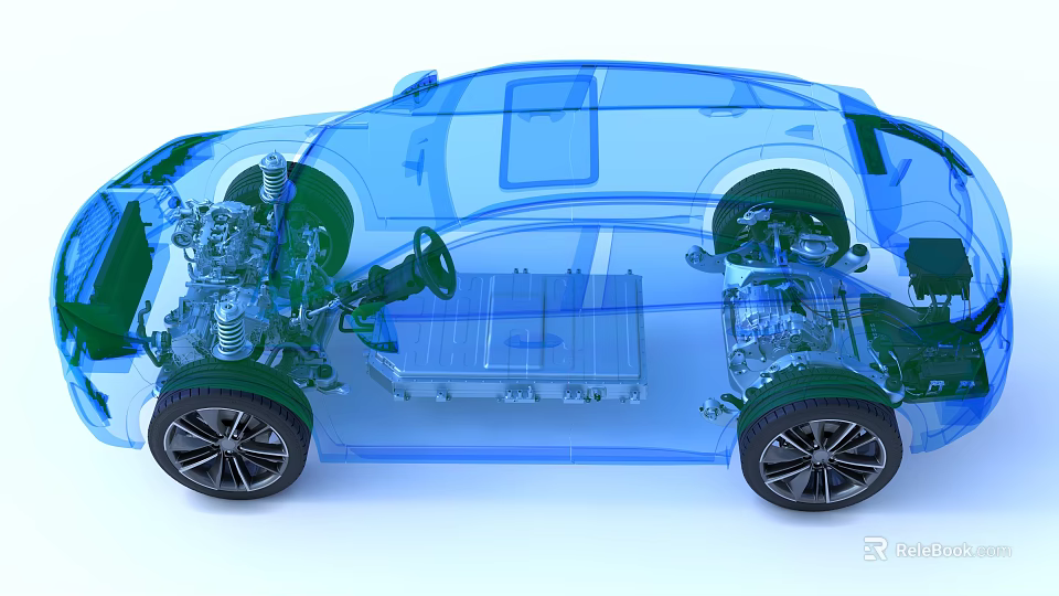 Transparent Electric Car Technical Structure With Battery Engine And Suspension System 3d model 