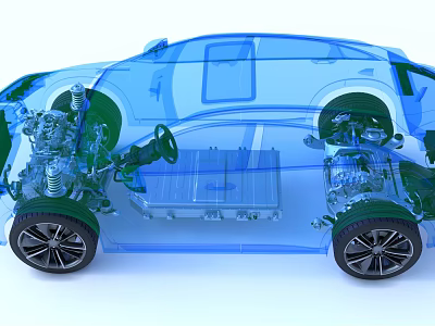 Transparent Electric Car Technical Structure With Battery Engine And Suspension System 3d model