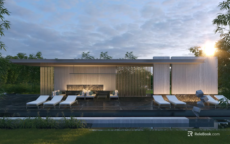 Modern Outdoor Pergola Design with Loungers Water Feature and Lush Greenery 3d model 