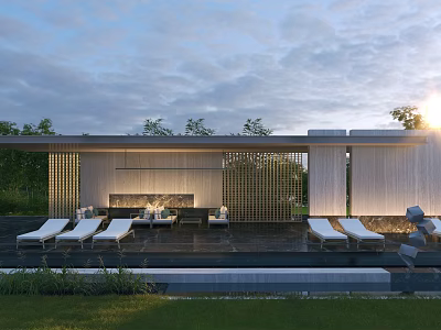 Modern Outdoor Pergola Design with Loungers Water Feature and Lush Greenery 3d model