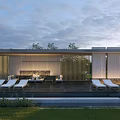 Modern Outdoor Pergola Design with Loungers Water Feature and Lush Greenery
