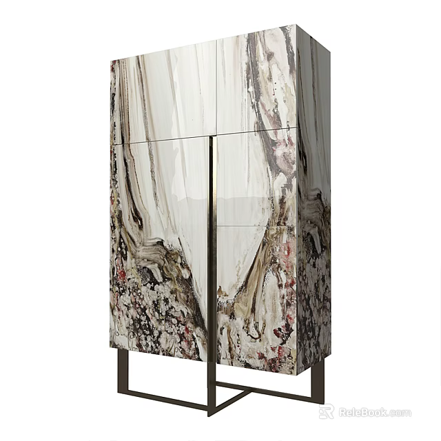 Elegant Modern Cabinet With Unique Marble Pattern Glass Doors And Metal Legs 3d model 