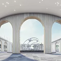 Elegant Modern Sales Office Building With Curved Roof Arched Doors Windows And Water Pool