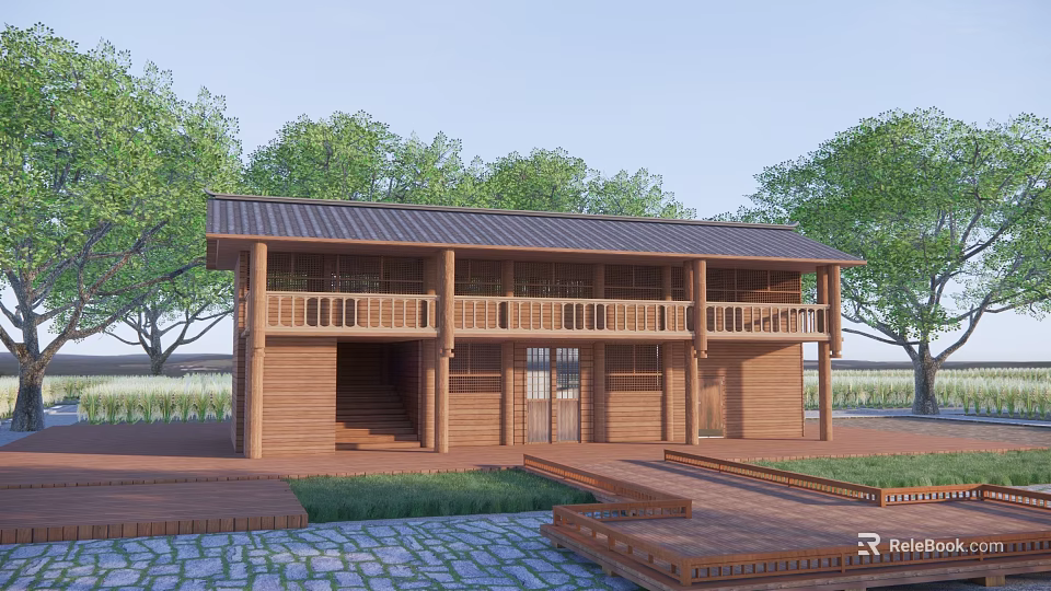 Wooden Two Story Cottage Building With Sloped Roof Lawn And Wooden Platform Steps 3d model 
