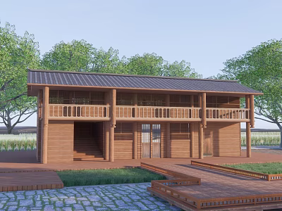 Wooden Two Story Cottage Building With Sloped Roof Lawn And Wooden Platform Steps 3d model