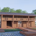 Wooden Two Story Cottage Building With Sloped Roof Lawn And Wooden Platform Steps