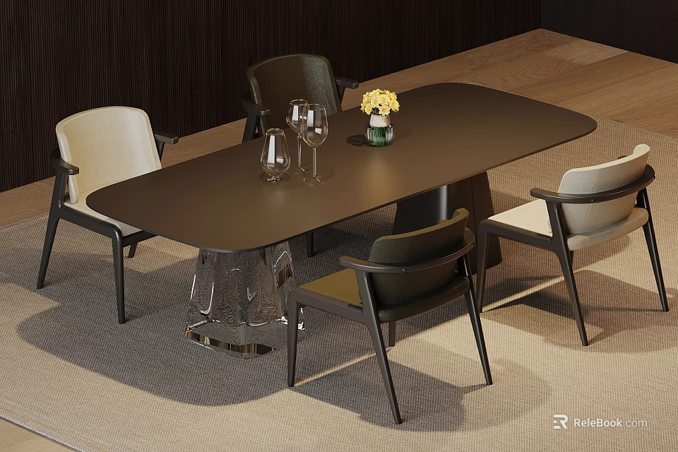 Modern Brown Dining Table Set With White Dark Chairs Wine Glasses And Vase 3d model 