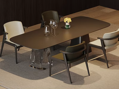 Modern Brown Dining Table Set With White Dark Chairs Wine Glasses And Vase 3d model
