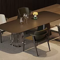 Modern Brown Dining Table Set With White Dark Chairs Wine Glasses And Vase