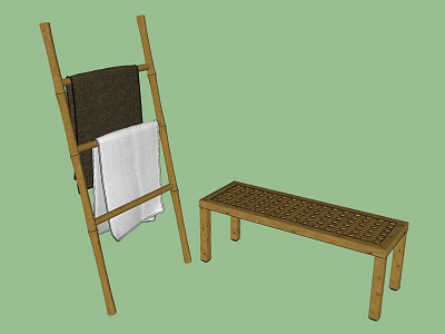 Bamboo Bathroom Ladder Shelf with Hanging Towels and Wooden Bench 3d model