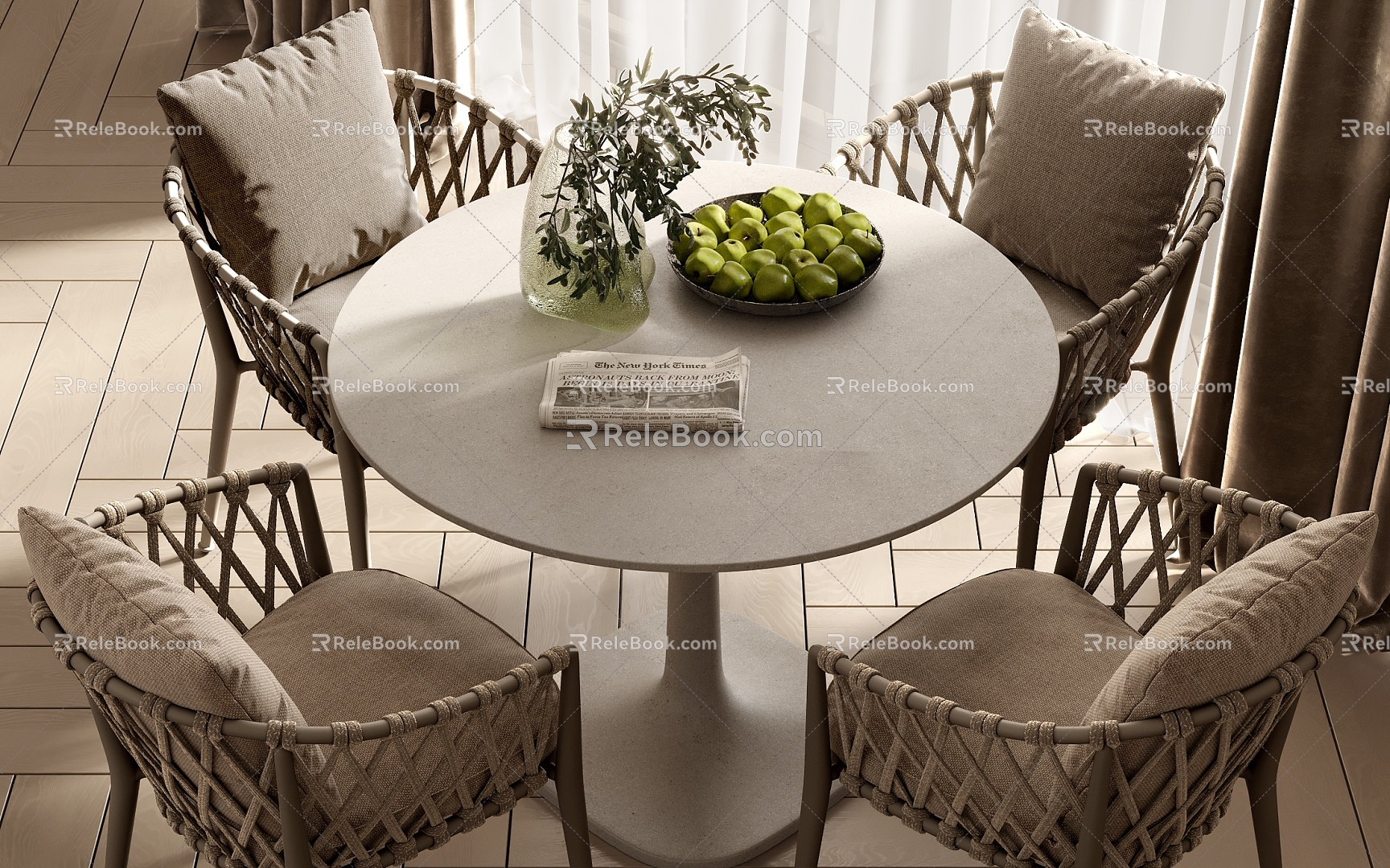 Modern Table and Chair Combination Outdoor Dining Table and Chair Wood Floor Curtain Gauze Curtain 3d model