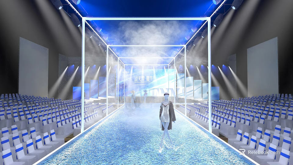 Fashion Show Runway With Blue Lighting And Model 3d model 