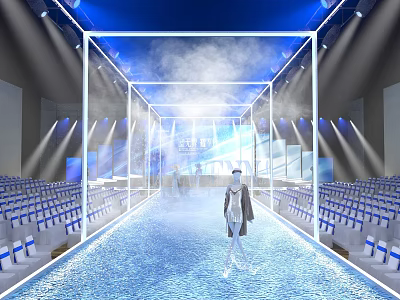 Fashion Show Runway With Blue Lighting And Model 3d model