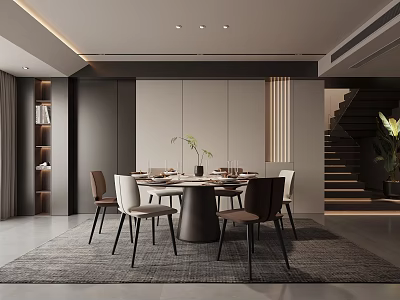 Modern Restaurant Interior Design Featuring Round Dining Table Chairs Area Rug And Staircase 3d model