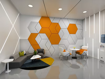 Modern Interior Lounge Area Design With Hexagonal Wall Pattern Sofa Chairs And Geometric Rug 3d model