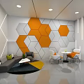 Modern Interior Lounge Area Design With Hexagonal Wall Pattern Sofa Chairs And Geometric Rug 3d model