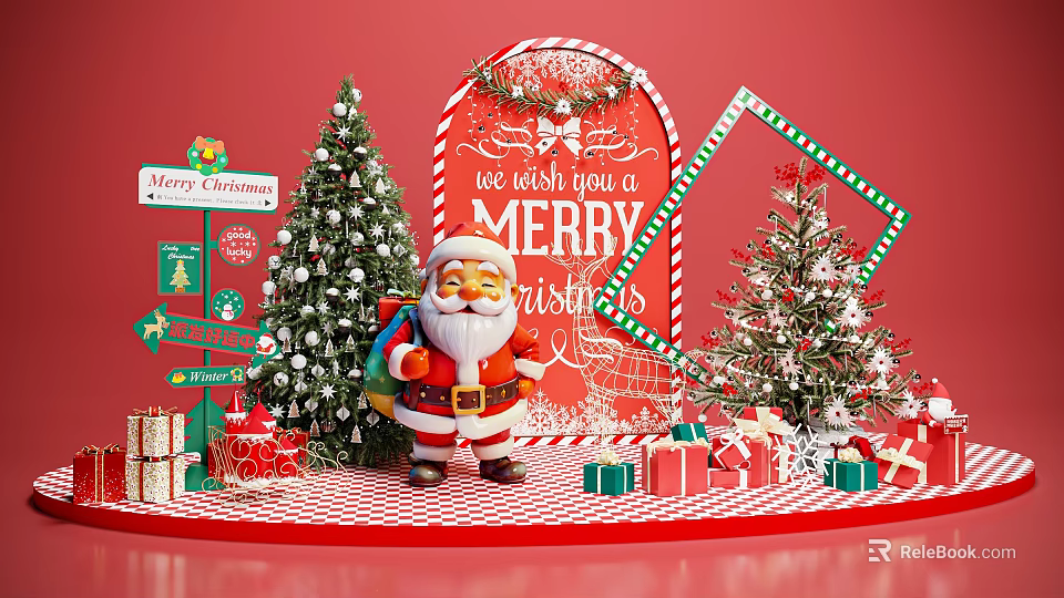 Christmas Photo Spot With Santa Claus Christmas Trees Gifts And Merry Sign 3d model 