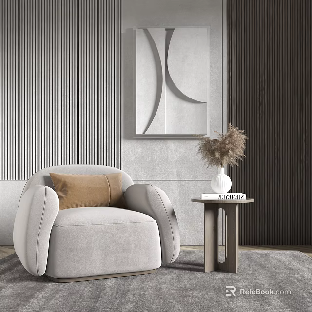 Light Gray Modern Single Sofa With Brown Cushion Side Table White Vase And Dried Flowers 3d model 