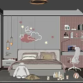 Cozy Modern Kids Bedroom With Cloud Wall Decals Bed Desk Bookshelves And Stuffed Toys