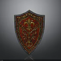 Medieval Shield with Red Surface Intricate Golden Patterns and Silver Metallic Edges