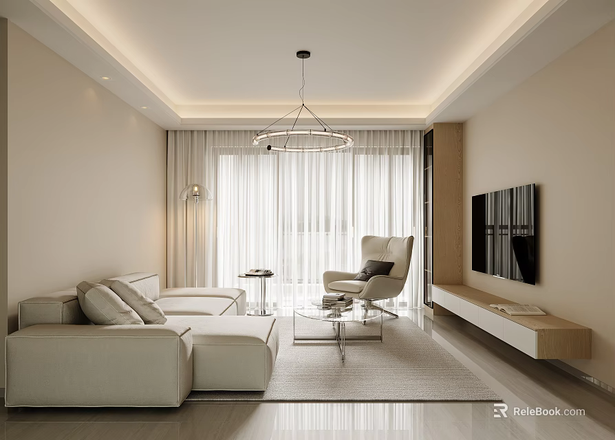 Modern Living Room With beige sofa armchair coffee table white curtains TV wall and chandelier 3d model 