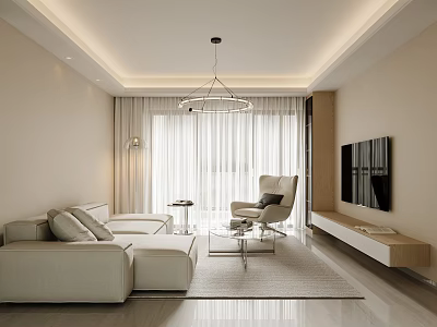 Modern Living Room With beige sofa armchair coffee table white curtains TV wall and chandelier 3d model