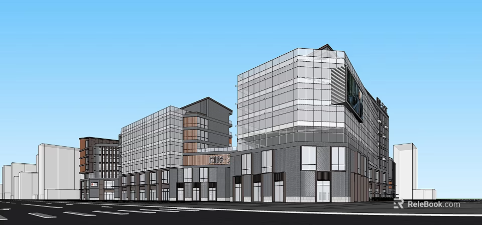Modern Commercial Street With Glass Curtain Walls Multi Storey Buildings And Shop Fronts 3d model 