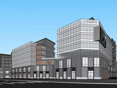Modern Commercial Street With Glass Curtain Walls Multi Storey Buildings And Shop Fronts 3d model