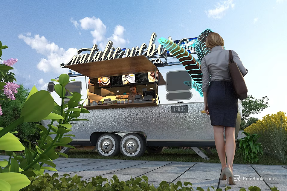 Charming Garden Decor With Metallic Snacks Food Truck Green Plants And Stone Pavement 3d model 