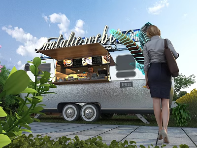 Charming Garden Decor With Metallic Snacks Food Truck Green Plants And Stone Pavement 3d model