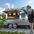 Charming Garden Decor With Metallic Snacks Food Truck Green Plants And Stone Pavement