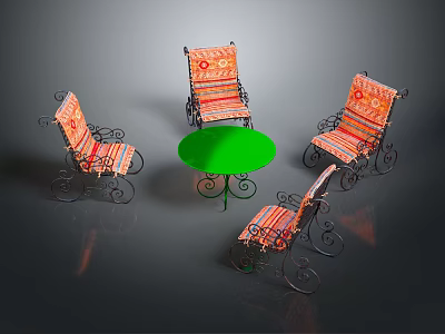 Green Round Outdoor Table With Four Wrought Iron Chairs And Orange Striped Cushions 3d model