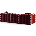 Burgundy Velvet Three Seater Sofa With Tufted Design And Decorative White Cushions