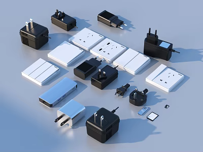 Essential Household Electrical Accessories With Power Adapters Chargers Sockets And Plugs 3d model