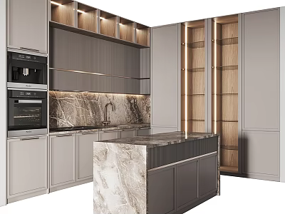 Modern Kitchen Interior Design With Marble Island Countertops Cabinets And Built-in Appliances 3d model