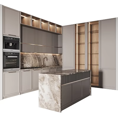Modern Kitchen Interior Design With Marble Island Countertops Cabinets And Built-in Appliances 3d model