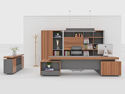 Modern Wooden Office Desk With Ergonomic Chair Bookshelf And Computer Monitor 3d model