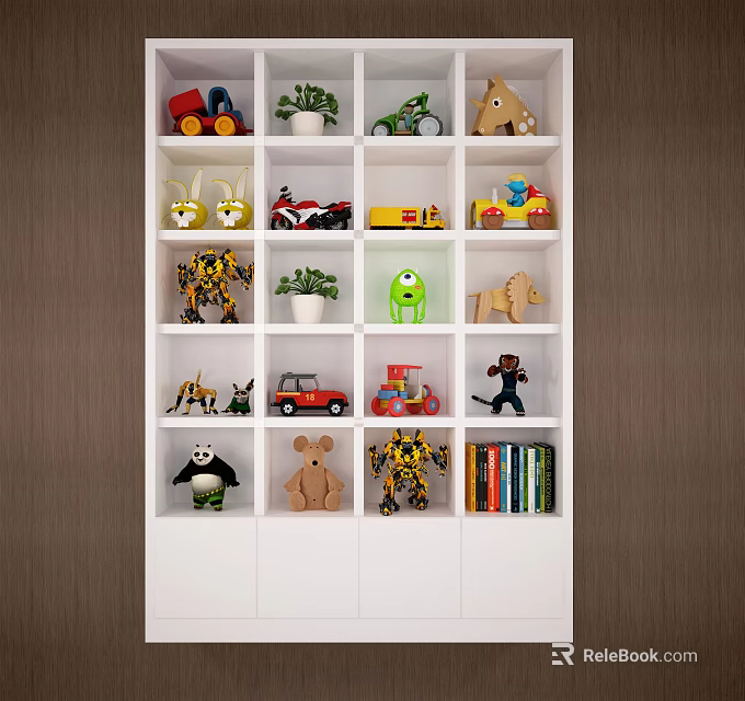 White Kids Toy Shelf With Action Figures Toy Cars Stuffed Animals And Books 3d model 