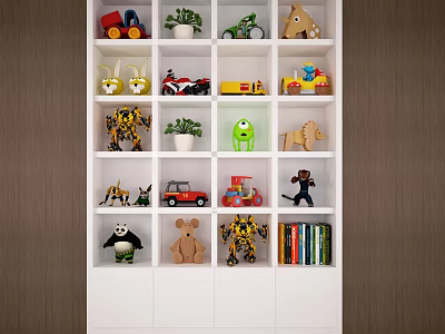 White Kids Toy Shelf With Action Figures Toy Cars Stuffed Animals And Books 3d model