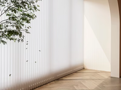White Vertical Blinds in Bright Room With Wooden Floor and Green Plant 3d model