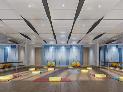 Spacious Fitness Studio With Colorful Yoga Mats Exercise Balls Mirrors And Blue Walls 3d model