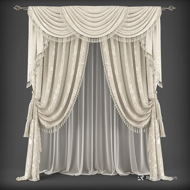 Beige Elegant Decorative Curtain With Tassels And Double Layer Patterned Design 3d model 