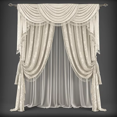 Beige Elegant Decorative Curtain With Tassels And Double Layer Patterned Design 3d model