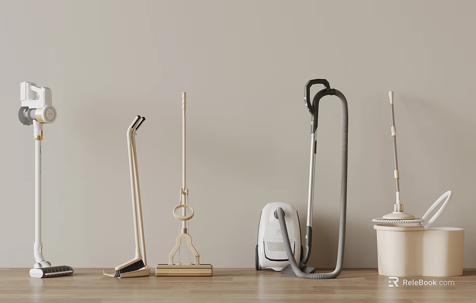 Various Cleaning Tools Including Vacuum Mop Broom Neatly Arranged On Wooden Floor Against Light Wall 3d model 