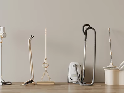 Various Cleaning Tools Including Vacuum Mop Broom Neatly Arranged On Wooden Floor Against Light Wall 3d model