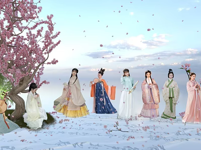 Multiple Women In Traditional Costumes Standing Under Cherry Blossom Tree With Falling Petals 3d model
